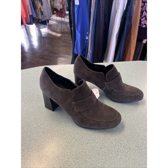 Born Booties Women's 7.5 Shoes Slip On Loafers 3" Heels Gray Suede Leather Block - Picture 2 of 8